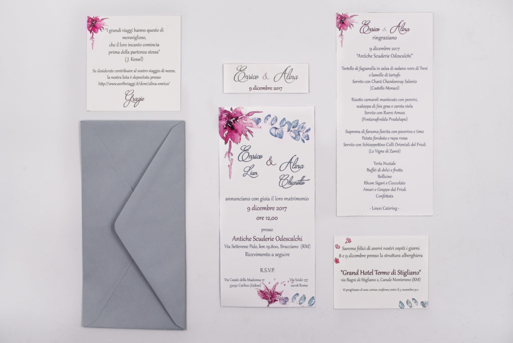 watercolor wedding stationery - grey and magenta